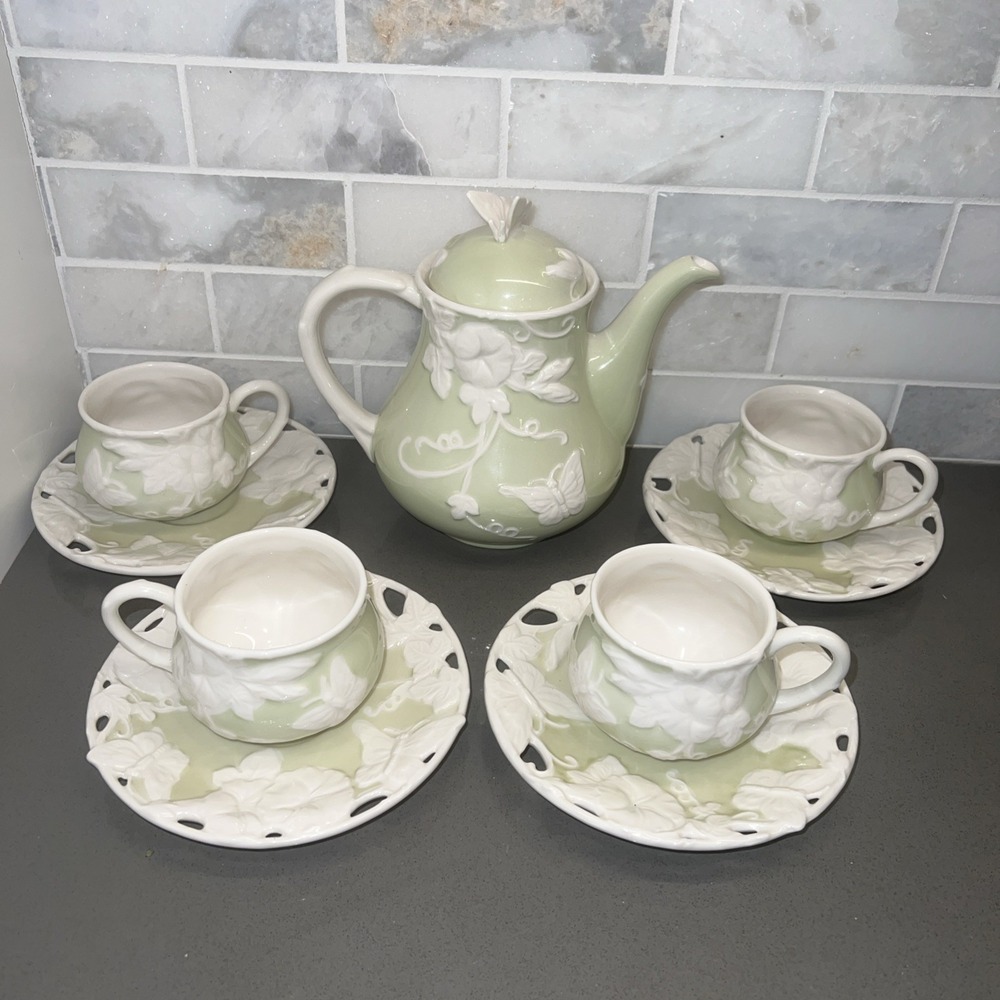 Grace Teaware Morning Glory Butterfly Coffee/Tea Pot Sugar Cream Cups Saucers
